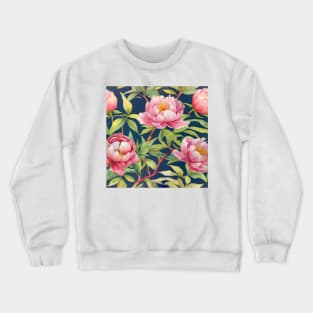 Watercolor peonies and branches on navy blue background Crewneck Sweatshirt